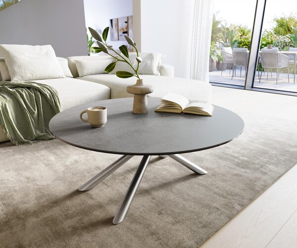DELIFE Dohányzóasztal Edge kerek 100x100 cm kerámia beton szürke Sarity rozsdamentes acél szálcsiszolt