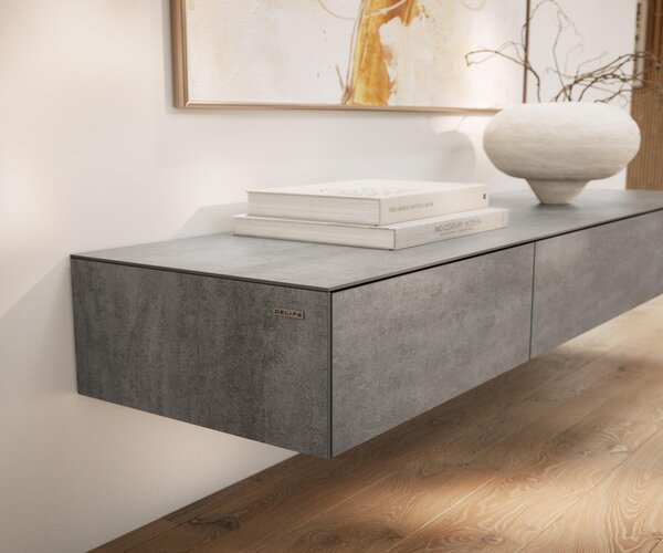 DELIFE TV szekrény Cuor 150 cm kerámia beton szürke 1 billenő ajtó 1 fiók lebegő