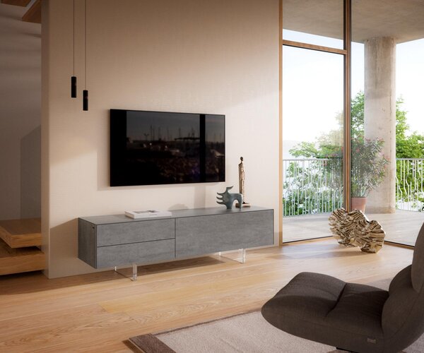 DELIFE TV szekrény Cuor 180 cm kerámia beton szürke 1 billenő ajtó 2 fiókos lebegő láb akrilüveg