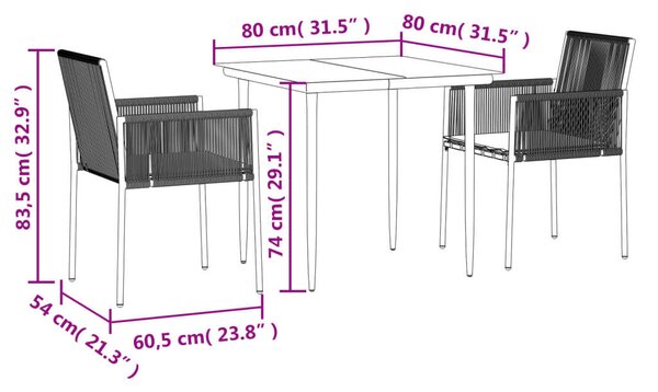 VidaXL Kerti Étkezőgarnitúra - 3 részes - Fekete Polyrattan