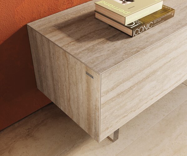 DELIFE TV szekrény Cuor 220 cm kerámia Laminam® Travertino Bianco krémfehér 1 billenő ajtó 2 fiókos rekesz lebegő láb akrilüveg