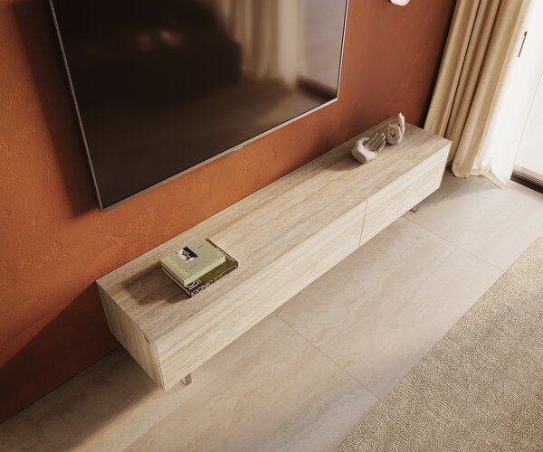 DELIFE TV szekrény Cuor 220 cm kerámia Laminam® Travertino Bianco krémfehér 1 billenő ajtó 2 fiókos rekesz lebegő láb akrilüveg
