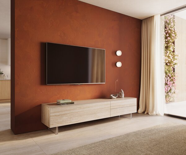 DELIFE TV szekrény Cuor 220 cm kerámia Laminam® Travertino Bianco krémfehér 1 billenő ajtó 2 fiókos rekesz lebegő láb akrilüveg