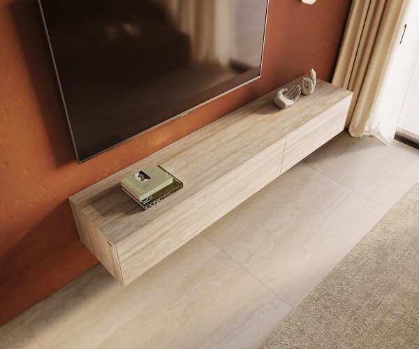 DELIFE TV szekrény Cuor 220 cm kerámia Laminam® Travertino Bianco krémfehér 1 billenő ajtó 2 fiókos lebegő