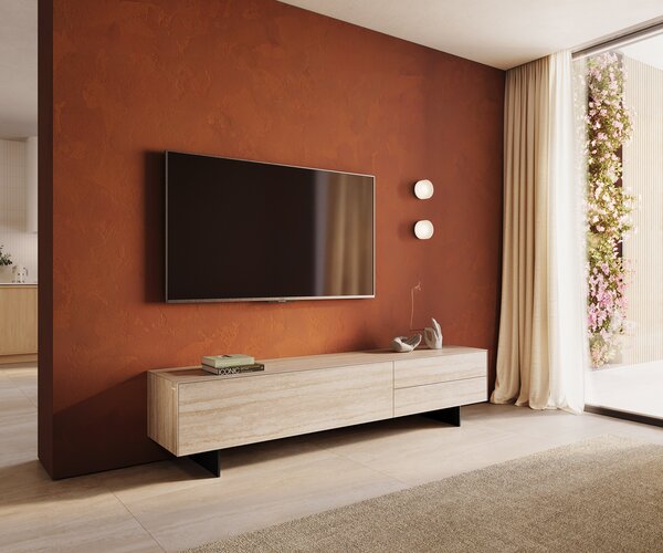 DELIFE TV szekrény Cuor 220 cm kerámia Laminam® Travertino Bianco krémfehér 1 billenő ajtó 2 fiókos lebegő fém láb fekete