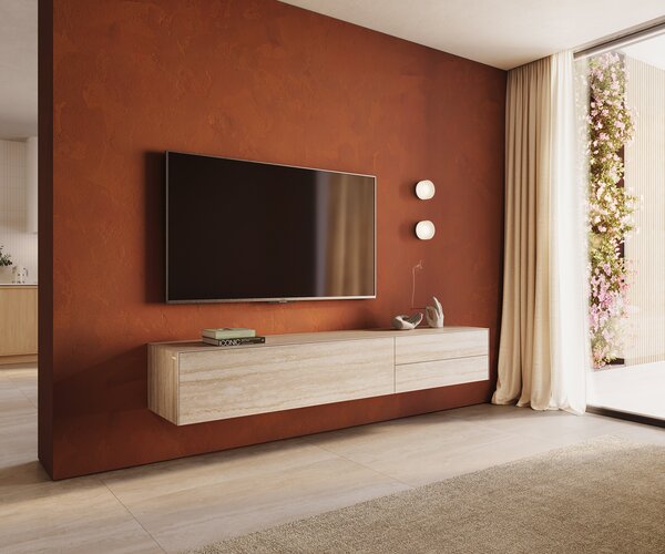 DELIFE TV szekrény Cuor 220 cm kerámia Laminam® Travertino Bianco krémfehér 1 billenő ajtó 2 fiókos lebegő