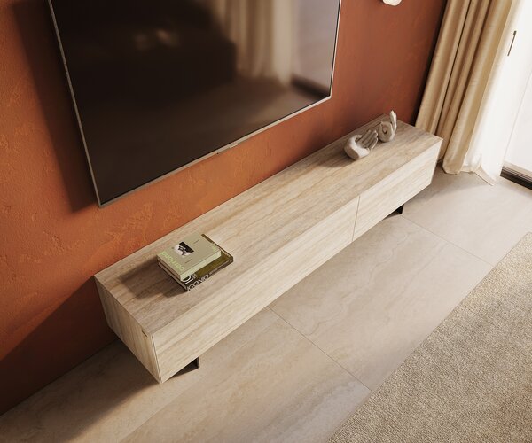 DELIFE TV szekrény Cuor 220 cm kerámia Laminam® Travertino Bianco krémfehér 1 billenő ajtó 2 fiókos lebegő fém láb fekete