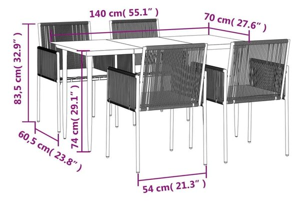 VidaXL 5-részes fekete polyrattan és acél kerti étkezőszett párnákkal