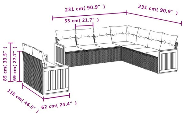 VidaXL Polyrattan Kerti Ülőgarnitúra - 9 részes - Szürke
