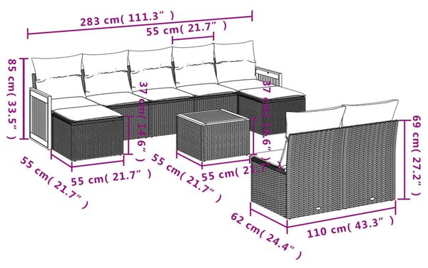 VidaXL Polyrattan Kerti Ülőgarnitúra - 10 részes - Fekete