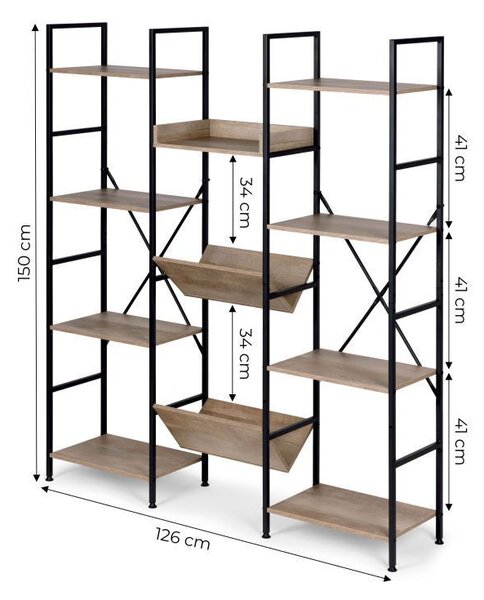 KÉSZLETKISÖPRÉS! Intenso Home nyitott könyvespolc rendszer / virágállvány 126 x 150cm, modern tölgy szín | Univerzális tároló állvány fém lábakkal
