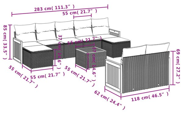 Polyrattan Kerti Ülőgarnitúra - 10 részes - Szürke