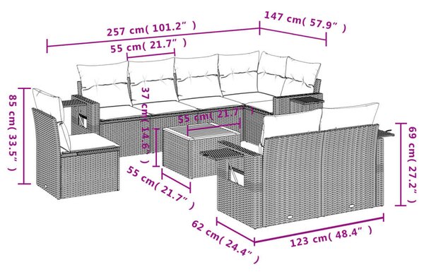 VidaXL 9-részes szürke polyrattan kerti ülőgarnitúra párnákkal