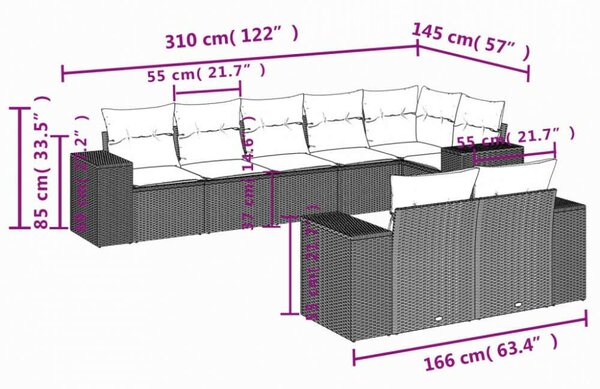 VidaXL 8 részes fekete polyrattan kerti ülőgarnitúra párnákkal