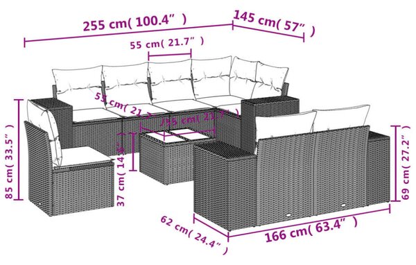 VidaXL Polyrattan Kerti Ülőgarnitúra - 9 részes - Szürke