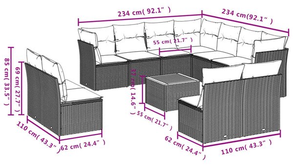 VidaXL Polyrattan Kerti Ülőgarnitúra - 12 részes - Szürke