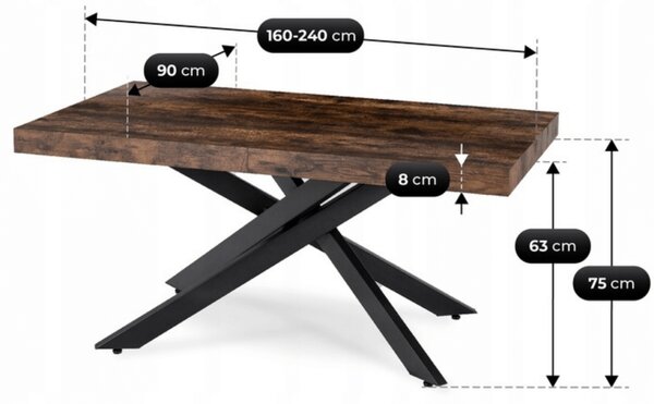 JAKS Hampton kihúzható asztal fekete 160 - 240 cm rusztikus tölgy
