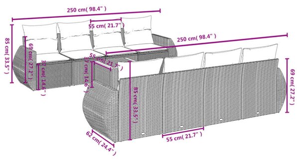 VidaXL Polyrattan Kerti Ülőgarnitúra - 9 részes - Szürke