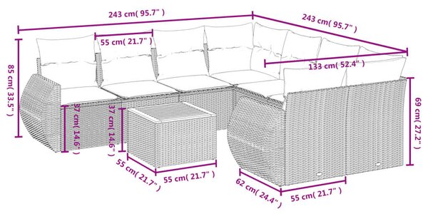 VidaXL Polyrattan Kerti Ülőgarnitúra - 9 részes - Bézs