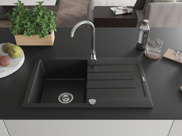 Mexen Bruno 1-kamrás gránit mosogató csepegtetővel 795 x 495 mm, fekete, króm szifon - 6513791010-77