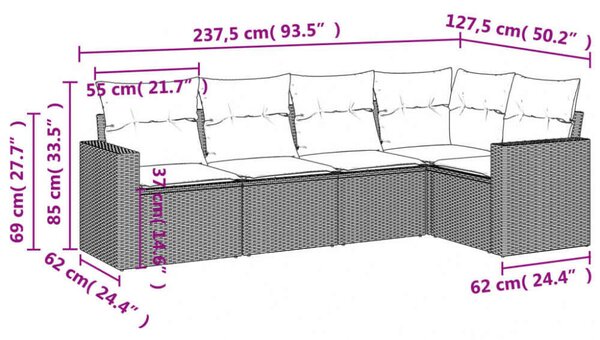 VidaXL 5 részes fekete polyrattan kerti kanapészett párnákkal