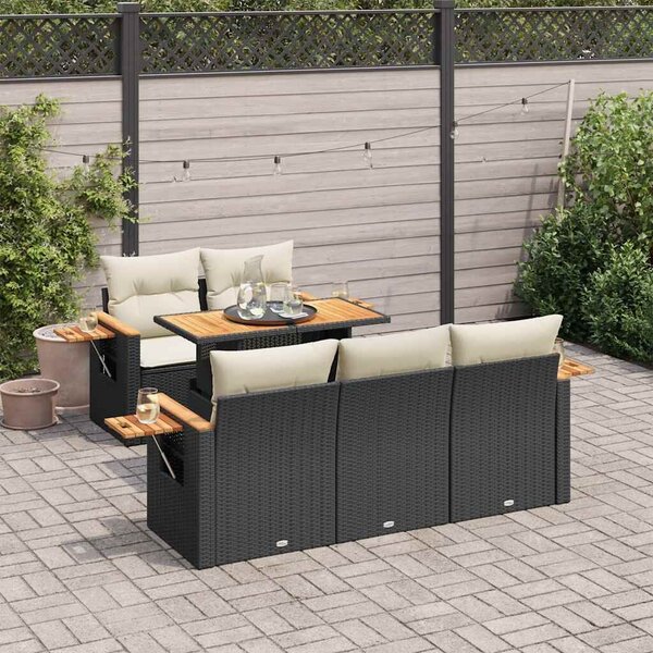 VidaXL 6 részes fekete polyrattan akácfa kerti ülőgarnitúra párnákkal