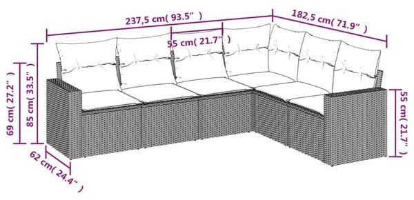 Polyrattan Kerti Ülőgarnitúra - 6 részes - Fekete