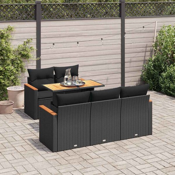 VidaXL 6 részes fekete polyrattan akácfa kerti ülőgarnitúra párnákkal