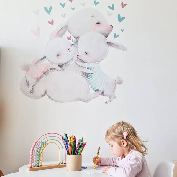 INSPIO - átragasztható textil matrica - Nyuszi család matrica szívecskékkel