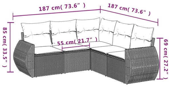 VidaXL 5 db szürke polyrattan kerti kanapégarnitúra párnákkal