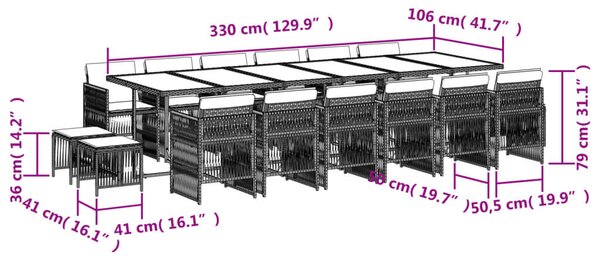 VidaXL 17 részes fekete polyrattan kerti étkezőgarnitúra párnákkal