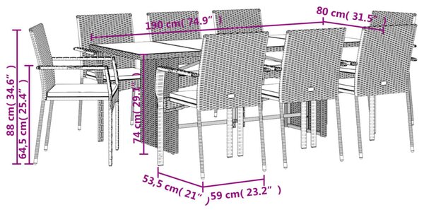 VidaXL 9 részes szürke polyrattan kerti étkezőgarnitúra párnával