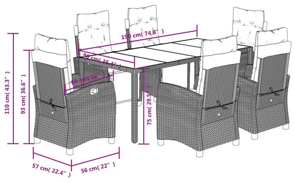 VidaXL 7 részes fekete polyrattan kerti étkezőgarnitúra párnával