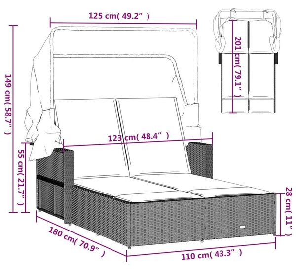 VidaXL Dupla Napozóágy - Polyrattan - Fekete - 110x201 cm