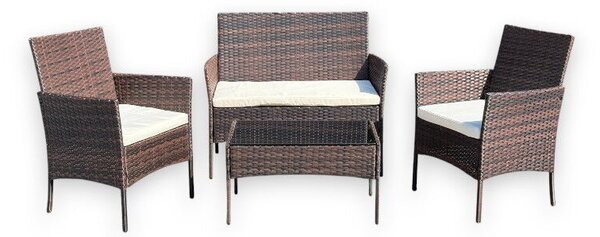 Kerti bútor készlet, fém vázas, 4 részes, fotelek, kanapé, asztalka, rattan mintás, barna