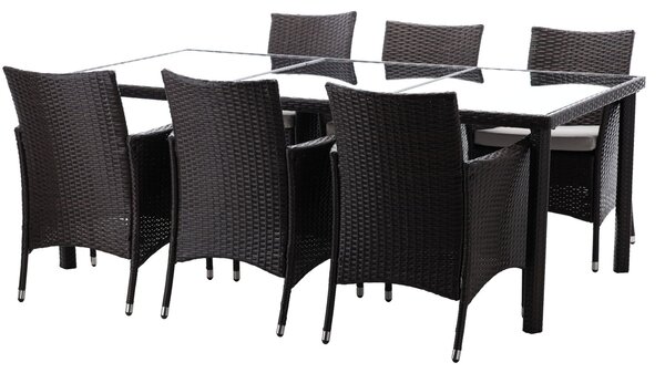 8 részes rattan kerti bútorszett: nagy asztal és fotelok, barna és bézs