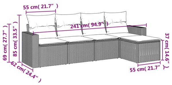VidaXL 5 részes fekete polyrattan kerti kanapészett párnákkal