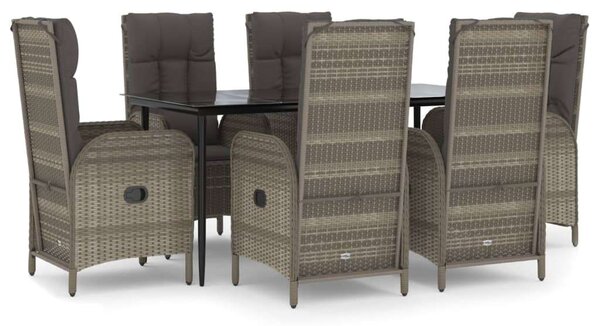 VidaXL 7 részes fekete és szürke polyrattan kerti étkezőszett párnával