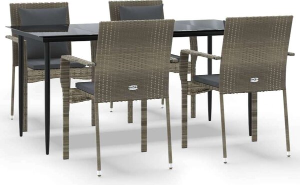 5 részes fekete és szürke polyrattan kerti étkezőszett párnával