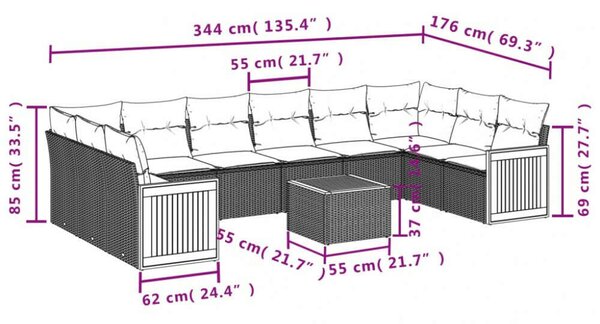 VidaXL Polyrattan Kerti Ülőgarnitúra - 11 részes - Szürke