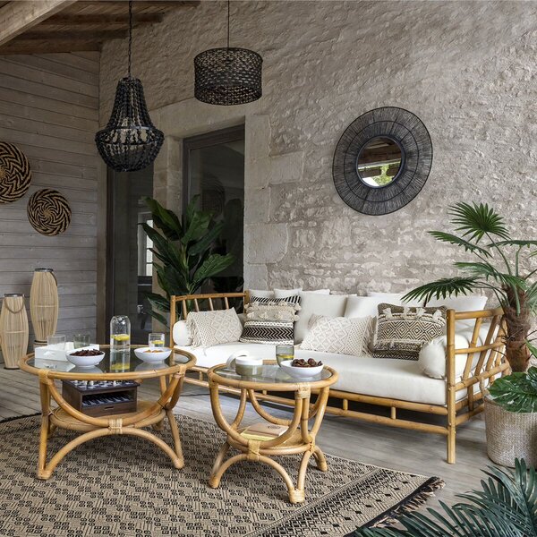 Atmosphera Farah dohányzóasztal, rattan és üveg, 60x50 cm, természetes barna