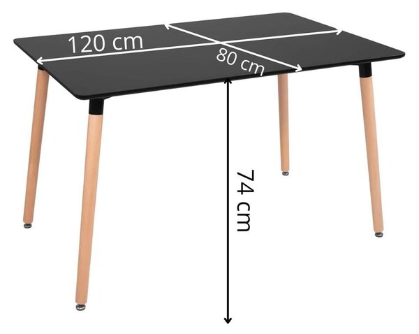 Konyhai étkezőasztal, téglalap alakú, 120x80x74 cm, MDF asztallap, fa lábak, fekete