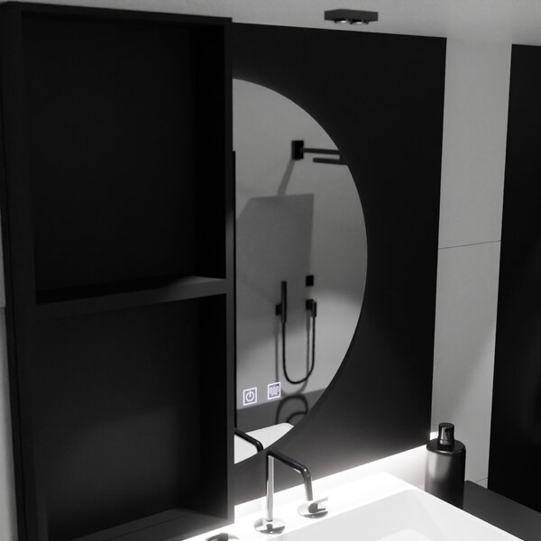 LED félhold alakú tükör 50x100cm, ívelt érintőképernyős, páramentesítő rendszer, fényerő-szabályozható