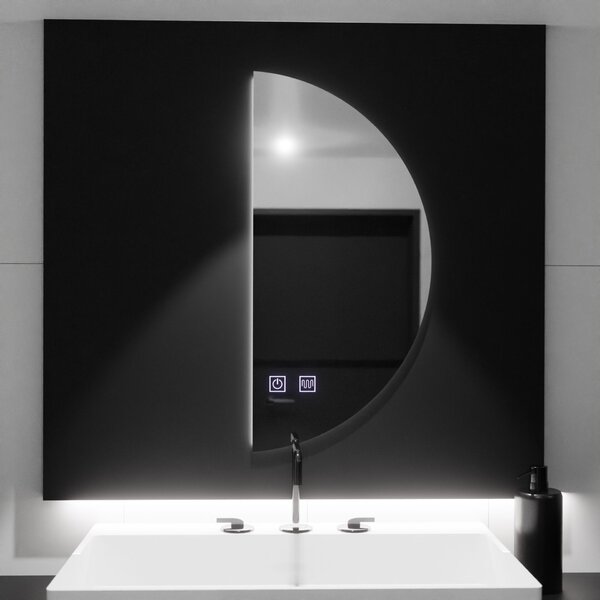 LED félhold alakú tükör 50x100cm, ívelt érintőképernyős, páramentesítő rendszer, fényerő-szabályozható