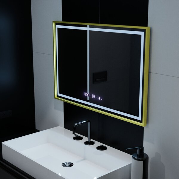 Téglalap alakú LED tükör, 100x65cm, Verite Royale Gold Motion Glow Marcello, Páramentesítő rendszer, Óra és Hőmérő, Szabályozható Fényerő