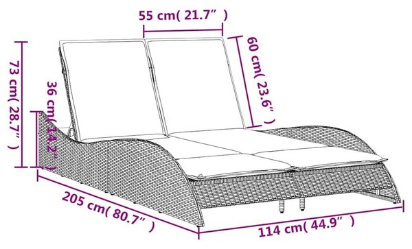 VidaXL polyrattan napozóágy párnákkal 114 x 205 x 73 cm, fekete
