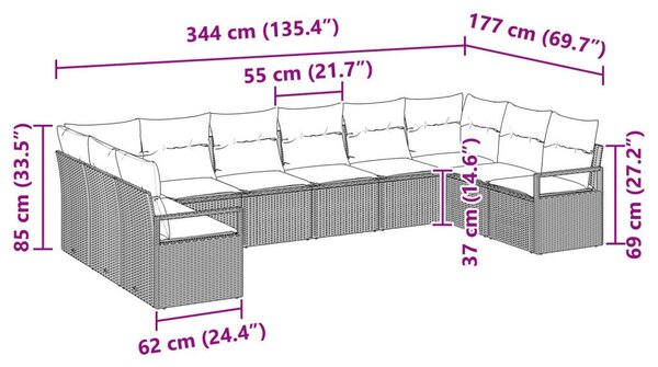 10 darabos Kerti Kanapé Szett Párnákkal Barna Poli Rattan, 2-üléses Kerti Kanapé Párnákkal Barna Poli Rattan