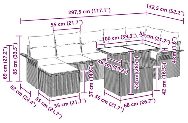 8 darabos Kert Kanapé Szett Párnákkal Barna Poli Rattan, 2 Személyes Kert Kanapé Tárolóval és Párnákkal Barna Poli Rattan
