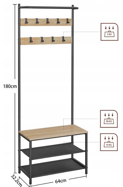 Fém előszobafal LOFT 180 cm, fekete/sanoma tölgy