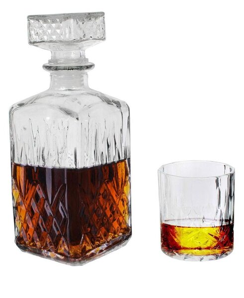 Whisky-s tároló üveg, 4 db pohárral, átlátszó - PUB